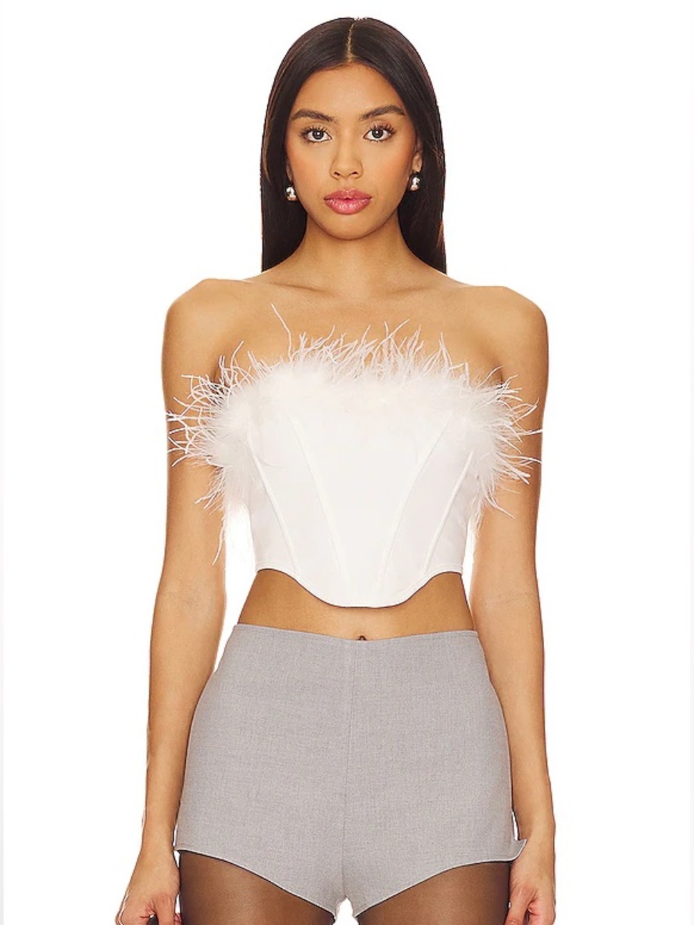 Elsie Corset Feather Trim Strapless Corset Crop Top in White